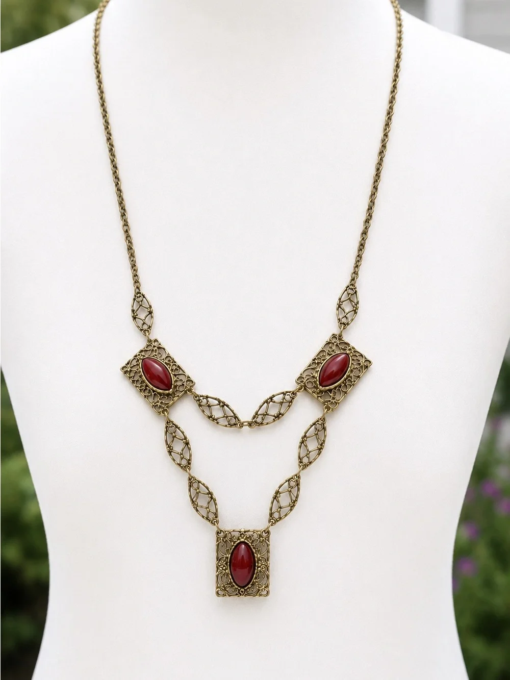 Vintage TOFFANO 1970s Red Cabochon Filigree Festoon Necklace